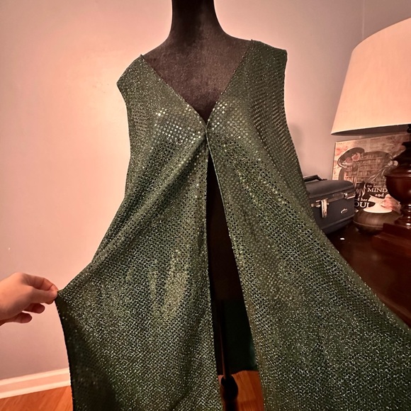WoW! Green Metallic Sequin Cape Shacket Sleeveless Sparkle Flashy  HandMade - Picture 4 of 4